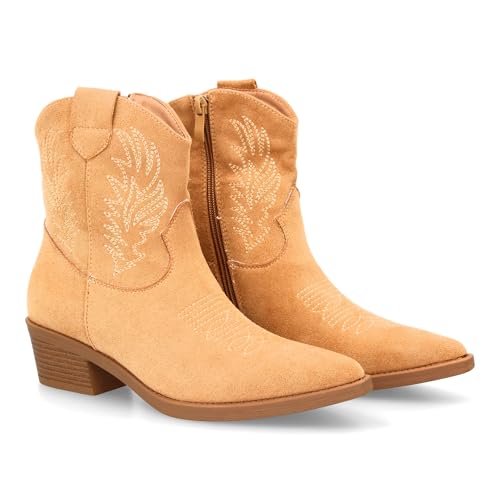 shoes&blues.es Cowboy-Stiefel aus mittelhohem Schaft, aus synthetischem Wildleder mit dekorativen Stickereien, feiner Spitze, ideal für den Herbst., beige, 40 EU von shoes&blues.es