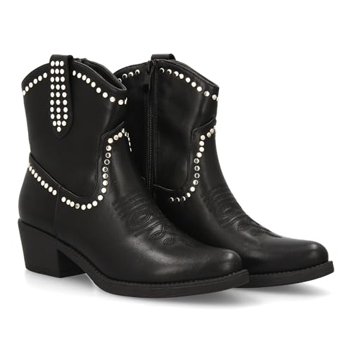 shoes&blues.es Cowboy-Stiefel für Damen, mit Nieten, niedriger Absatz, einfarbig, mit Reißverschluss, für den Winter., Schwarz , 37 EU von shoes&blues.es