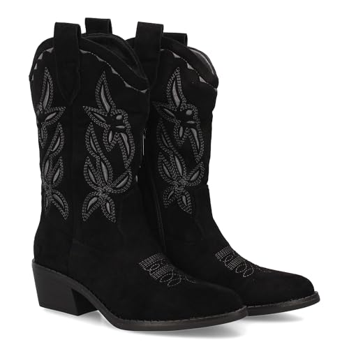 shoes&blues.es Cowboy-Stiefel für Damen aus mittelhohem Schaft, verziert mit Stickereien, breiter Absatz und feiner Spitze. Herbstsaison Winter., Schwarz , 36 EU von shoes&blues.es