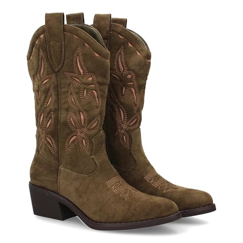 shoes&blues.es Cowboy-Stiefel für Damen aus mittelhohem Schaft, verziert mit Stickereien, breiter Absatz und feiner Spitze. Herbstsaison Winter., grün, 41 EU von shoes&blues.es