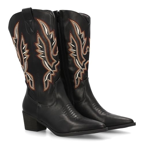 shoes&blues.es Cowboy-Stiefel für Damen mit mehrfarbigen Stickereien, feiner Spitze und breiter Absatz, ideal für den Winter., Schwarz , 38 EU von shoes&blues.es
