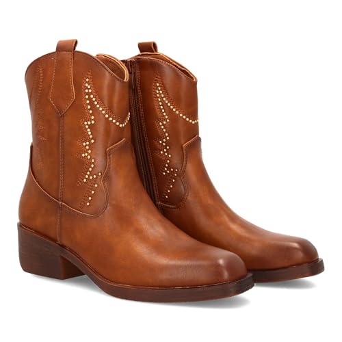 shoes&blues.es Cowboy-Stiefel für Damen mit mittlerem Schaft, verziert mit dekorativen Nieten und geprägten Nähten. Breiter Absatz. Reißverschluss, Camel, 38 EU von shoes&blues.es