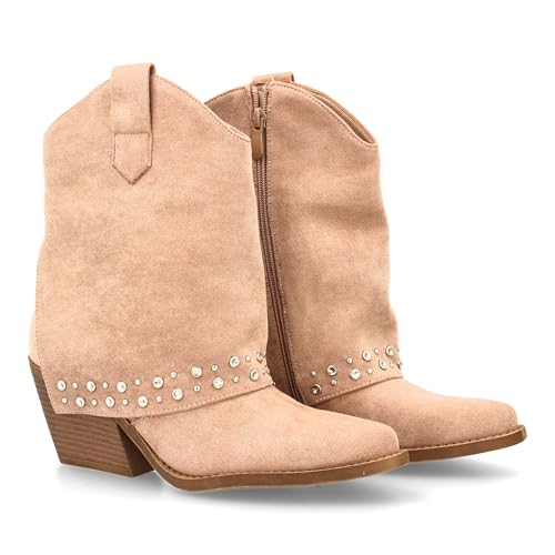 shoes&blues.es Cowboy-Stiefel mit Metallnieten, breiter und bequemer Absatz, ideal für Damen, Herbst., beige, 39 EU von shoes&blues.es