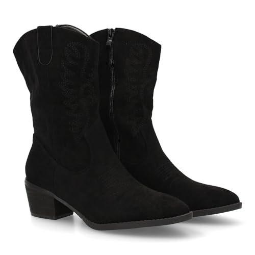 shoes&blues.es Cowboy-Stiefel mit Stickereien und feiner Spitze. Bequemer breiter Absatz, ideal für Damen in der Wintersaison., Schwarz , 39 EU von shoes&blues.es