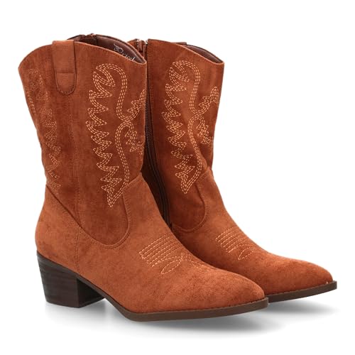 shoes&blues.es Cowboy-Stiefel mit Stickereien und feiner Spitze. Bequemer breiter Absatz, ideal für Damen in der Wintersaison., braun, 41 EU von shoes&blues.es