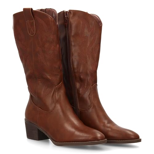 shoes&blues.es Cowboy-Stiefel mit dekorativen Stickereien am Schaft und bequemer breiter Absatz. Ideal für Damen, Herbst., braun, 38 EU von shoes&blues.es