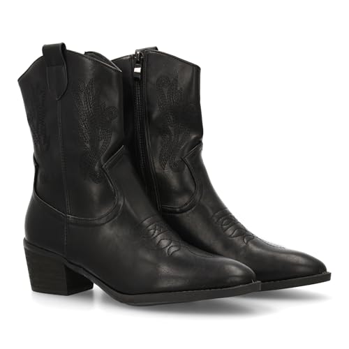 shoes&blues.es Cowboy-Stiefel mit seitlichen Stickereien und feiner Spitze. Breiter Absatz, ideal für Damen in der Wintersaison., Schwarz , 36 EU von shoes&blues.es
