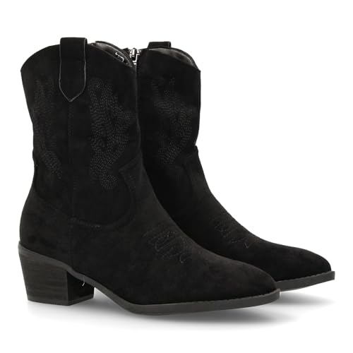 shoes&blues.es Cowboy-Stiefel mit seitlichen Stickereien und feiner Spitze. Breiter Absatz, ideal für Damen in der Wintersaison., Schwarz , 39 EU von shoes&blues.es