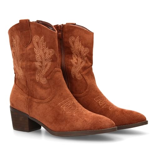 shoes&blues.es Cowboy-Stiefel mit seitlichen Stickereien und feiner Spitze. Breiter Absatz, ideal für Damen in der Wintersaison., braun, 39 EU von shoes&blues.es
