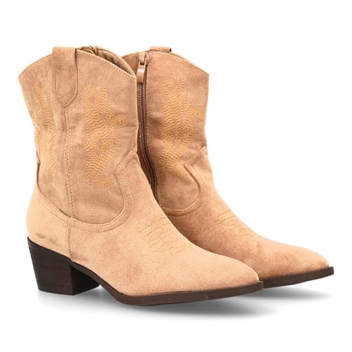 shoes&blues.es Cowboy-Stiefel mit seitlichen Stickereien und feiner Spitze. Breiter Absatz, ideal für Damen in der Wintersaison., kaki, 39 EU von shoes&blues.es