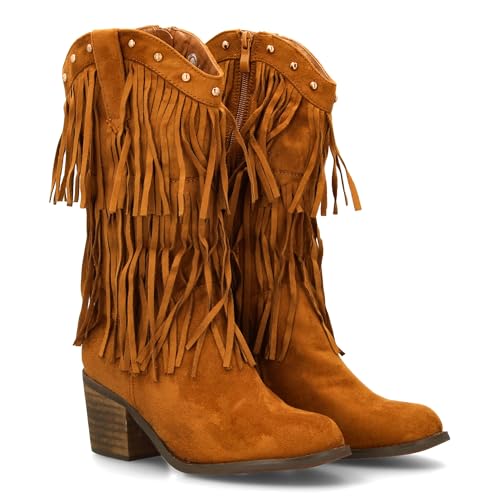 shoes&blues.es Cowboystiefel mit Fransen für Damen, Wildlederoptik, Metallnieten, bequemer breiter Absatz, ideal für den Winter., Camel, 35 EU von shoes&blues.es