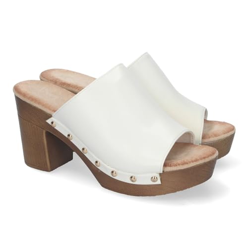 shoes&blues.es Damen-Clog mit hohem Absatz, bequem, aus Holz, glatte Schaufel mit Nieten und offener Ferse., weiß, 36 EU von shoes&blues.es