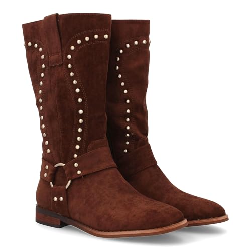 shoes&blues.es Damen-Stiefel mit Metalldetails, flache Sohle und Nieten, ideal für den Winter., braun, 40 EU von shoes&blues.es