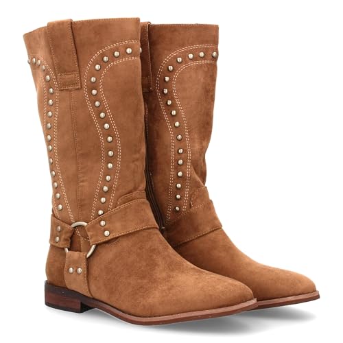 shoes&blues.es Damen-Stiefel mit Metalldetails, flache Sohle und Nieten, ideal für den Winter., kaki, 38 EU von shoes&blues.es