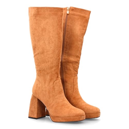 shoes&blues.es Damen-Stiefel mit Plattform und breitem Absatz, Reißverschluss, einfarbig, ideal für den Winter., Camel, 39 EU von shoes&blues.es