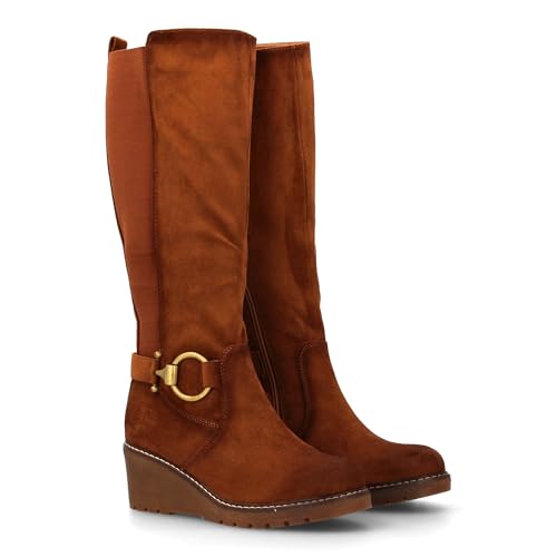 shoes&blues.es Damenstiefel, elegantes Design, mit Wiege und Gummizug, Schnallendetails an der Seite, Reißverschluss, ideal für den Winter., Camel, 38 EU von shoes&blues.es