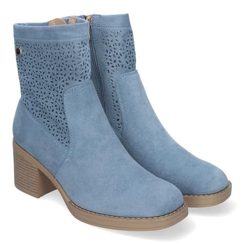 shoes&blues.es Damenstiefel für Frühling, Sommer, elegant und bequem, mit breitem Absatz, perforiertes Design mit seitlichem Reißverschluss, ideal für jeden Anlass, Jeans, 38 EU von shoes&blues.es