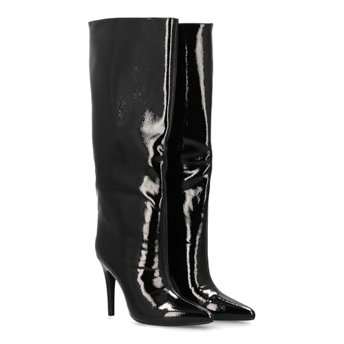 shoes&blues.es Damenstiefel mit Lackleder-Effekt, glänzend, mit Reißverschluss und Absatz und feiner Spitze. Glatter Druck, ideal für den Winter., Schwarz , 39 EU von shoes&blues.es