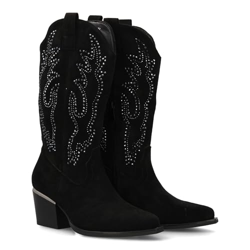 shoes&blues.es Damenstiefel mit Strassbesatz und Absatz, bequem, für den Winter, Reißverschluss, Metallverzierung an der Ferse., Schwarz , 36 EU von shoes&blues.es