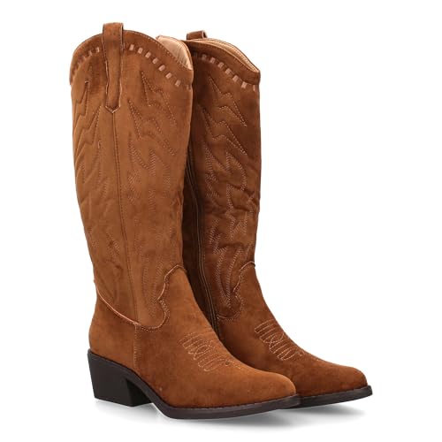 shoes&blues.es Damenstiefel mit hohem Schaft mit gestickten Verzierungen im Cowboy-Stil. Niedriger und bequemer Absatz. Ideal für den Winter., Taupe, 37 EU von shoes&blues.es