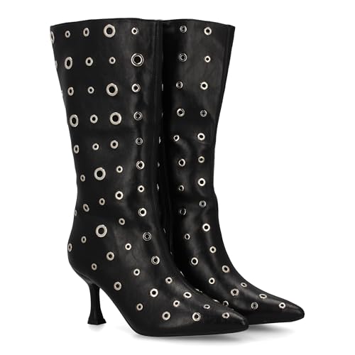 shoes&blues.es Damenstiefel mit schmalem Absatz mit Metallösen, über die gesamte Oberfläche verteilt, Reißverschluss, feine Spitze und einfarbiges Muster, ideal für den Winter., Schwarz , 38 EU von shoes&blues.es