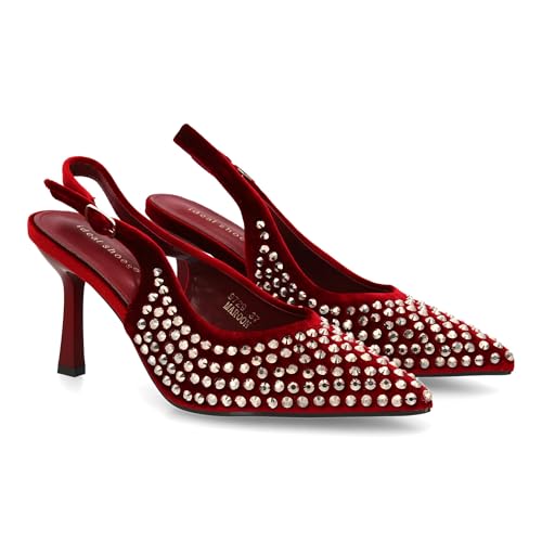 shoes&blues.es Elegante Salon-Schuhe mit feiner Spitze und Strass, feiner Absatz und Schnallenverschluss. Ideal für Damen zu Veranstaltungen der Herbstsaison., burgunderrot, 41 EU von shoes&blues.es