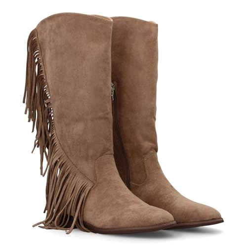 shoes&blues.es Flacher Damenstiefel mit Fransen und schlichtem Druck, modernes Design, Cowboy-Stil, flacher Absatz, Reißverschluss, ideal für den Winter., beige, 40 EU von shoes&blues.es