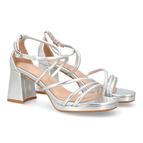 shoes&blues.es Sandale mit dünnen Riemen und geschlossener Ferse, bequem mit Plateau, ideal für besondere Anlässe., silber, 40 EU von shoes&blues.es