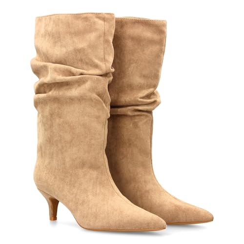 shoes&blues.es Stiefel mit hohem Wadeneffekt, feiner Absatz, glatter Reißverschluss, ideal für Damen, Herbst- und Wintersaison., kaki, 37 EU von shoes&blues.es