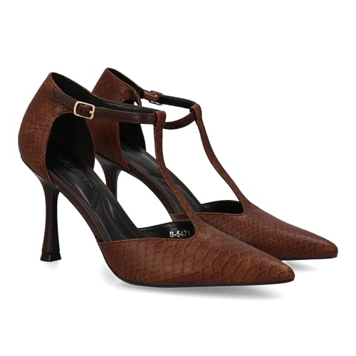 shoes&blues.es Stiletto mit feinem Absatz, elegantes Design, Salon-Schuh mit hohem Absatz und feiner Spitze mit Schnalle und T-Design, ideal für den Winter., braun, 41 EU von shoes&blues.es
