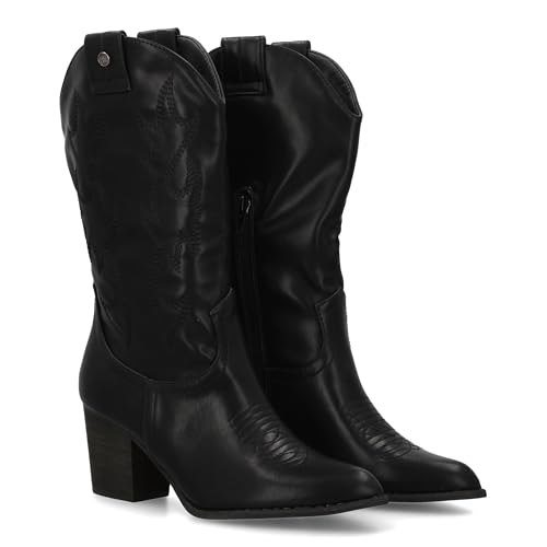 shoes&blues.es Western-Stiefel, glatte Oberfläche, dekorative Stickereien auf dem Stein. Breiter Absatz, mittelhoch, stabil und bequem, ideal für den Winter. Reißverschluss., Schwarz , 39 EU von shoes&blues.es