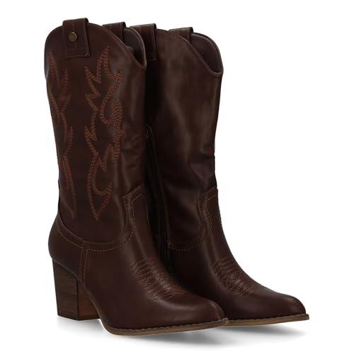 shoes&blues.es Western-Stiefel, glatte Oberfläche, dekorative Stickereien im Cana. Breiter Absatz, mittelhoch, stabil und bequem, ideal für den Winter. Reißverschluss., braun, 37 EU von shoes&blues.es