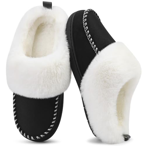 shoeslocker Damen Memory Foam Fuzzy Hausschuhe Hausschuh für Frauen Bequeme wollähnliche gefütterte Hausschuhe Indoor, Schwarz, 39.5 EU von shoeslocker