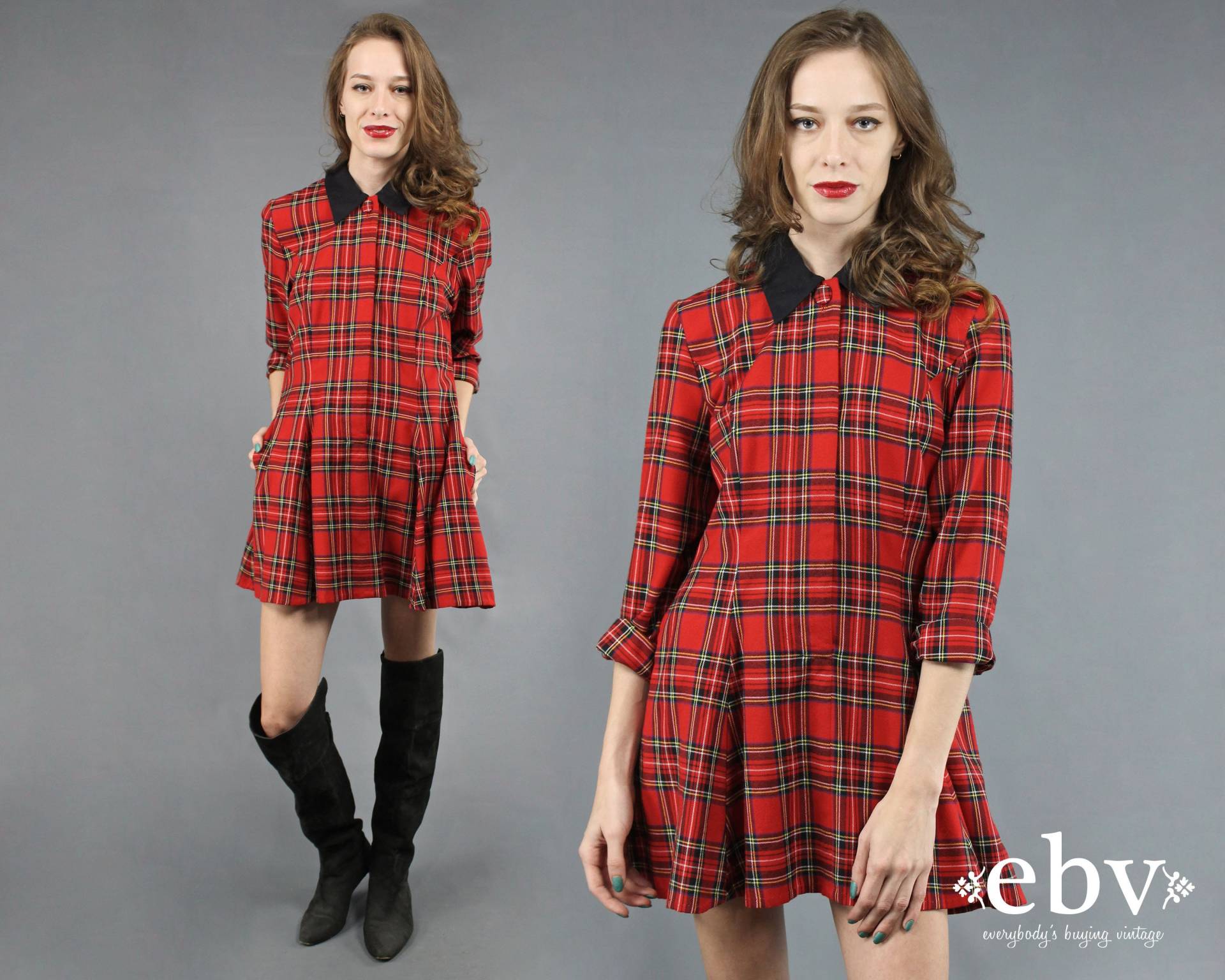 90Er Kariertes Kleid Minikleid Grunge Rot + Schwarz Tartan Babydoll M L von shopEBV