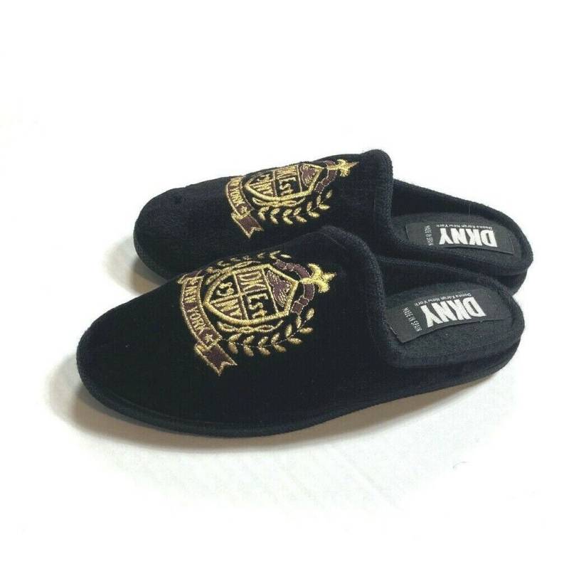 Vintage 1990Er Damen Eur 39 40/8-9 Us Dkny Samt Hausschuhe Schieber Mules Selten Schwarz Donna Karan Designer Luxus Schuhe Retro Ruhestand Wappen von shopatTheArchive