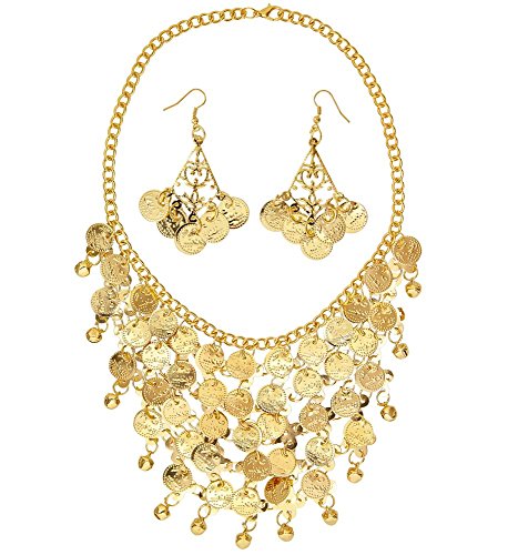 Schmuck Set Ohrringe Kette Gold-Münzen Göttin Haremsdame Wahrsagerin Zigeunerin Römerin Orient 1001 Nacht Belly Dance Bauchtanz Glöckchen Bollywood von shoperama