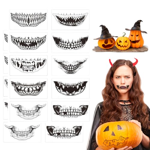 Halloween Prank Makeup Temporary Tattoo, Halloween Mund Tattoo, Temporäre Tattoos Skull Mund Gesichtsaufkleber Tattoos Set 10 Modelle Wasserdichte Hallo ween Make Up Gesichtstattoo (Stil 2) von shopetei