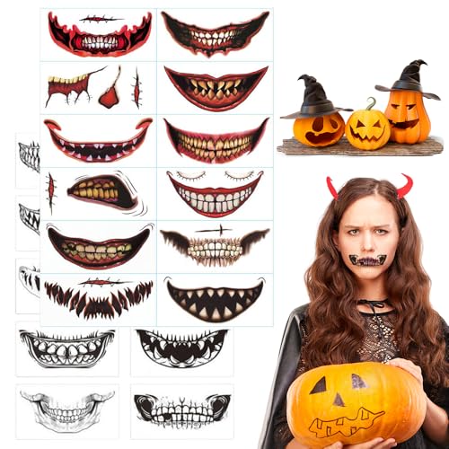 Halloween Prank Makeup Temporary Tattoo, Halloween Mund Tattoo, Temporäre Tattoos Skull Mund Gesichtsaufkleber Tattoos Set 10 Modelle Wasserdichte Hallo ween Make Up Gesichtstattoo (Stil 3) von shopetei