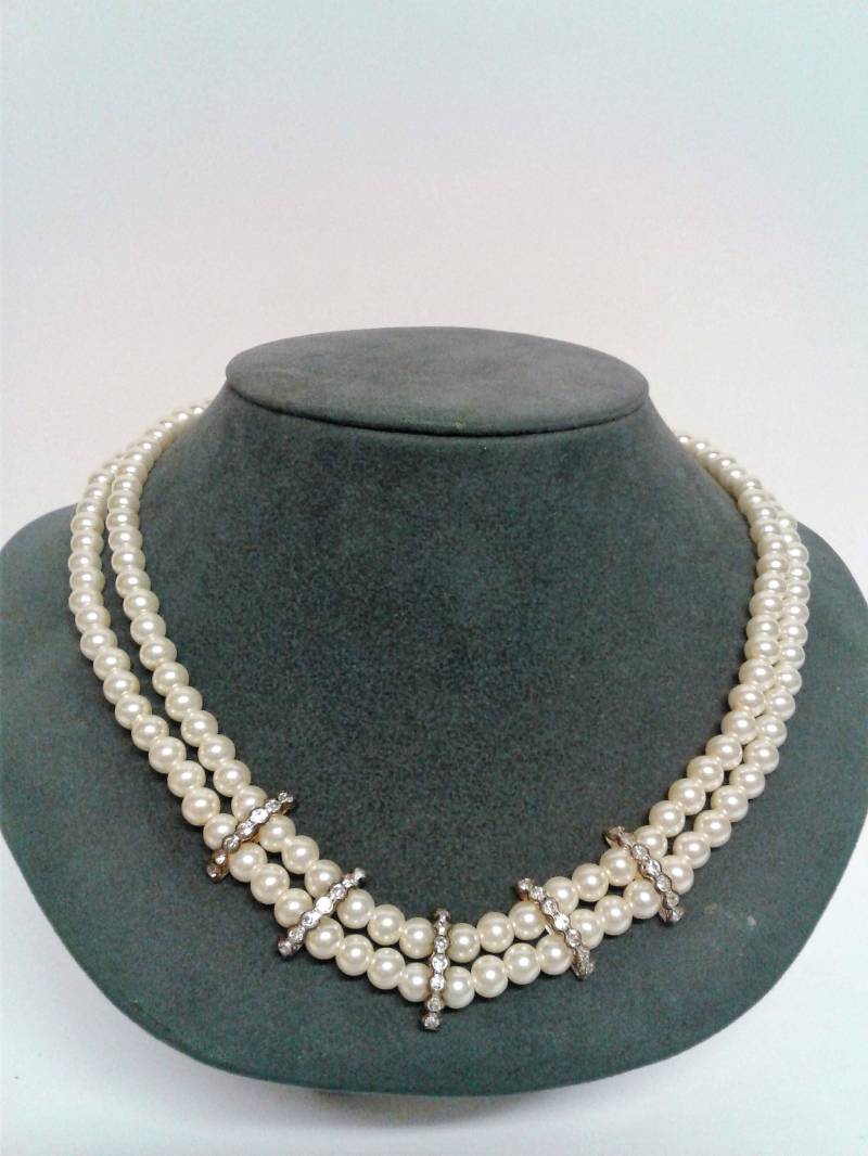 Faux Pearl & Crystal Bead Halskette, Doppelstrang Perlenkette, Hochzeitshalskette, Hochzeitsschmuck, Kristalle Faux Pearl & Crystal Bead Halskette, Doppelstrang Perlenkette, Hochzeitshalskette, Hochzeitsschmuck, Kristalle von shopevintagewithme