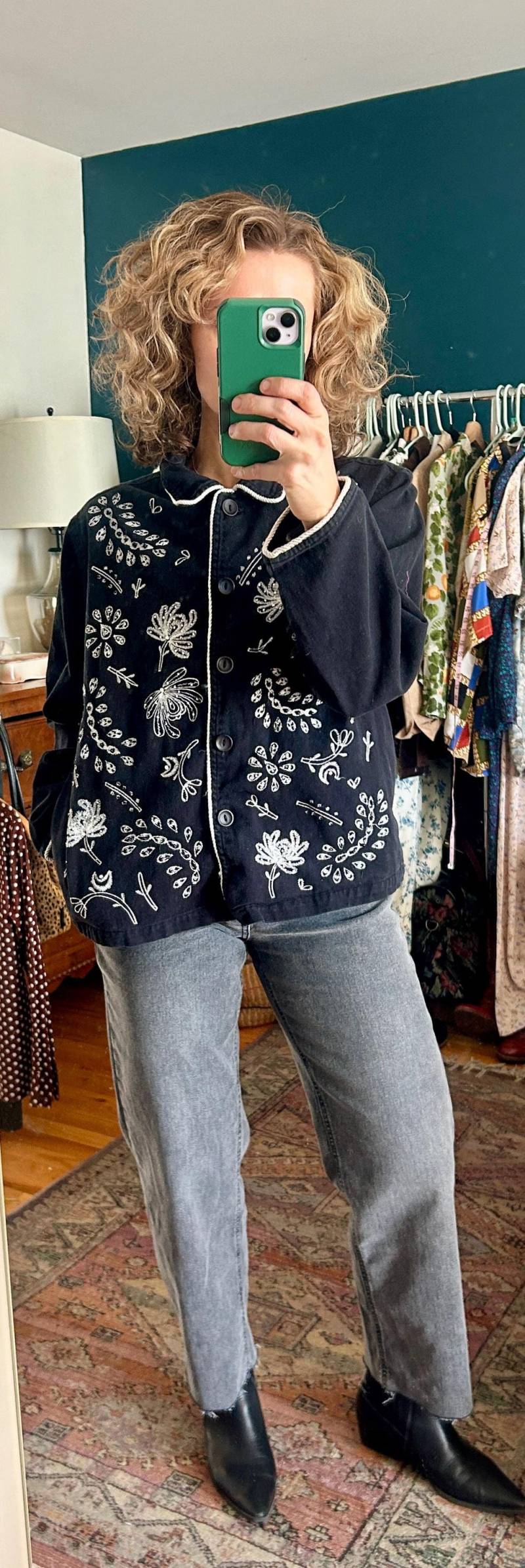 Vintage 90Er Jahre Damen Western Style Bestickte Schwarze Jeansjacke Größe Large | Jean Barn Chore Mantel von shopkirbyo