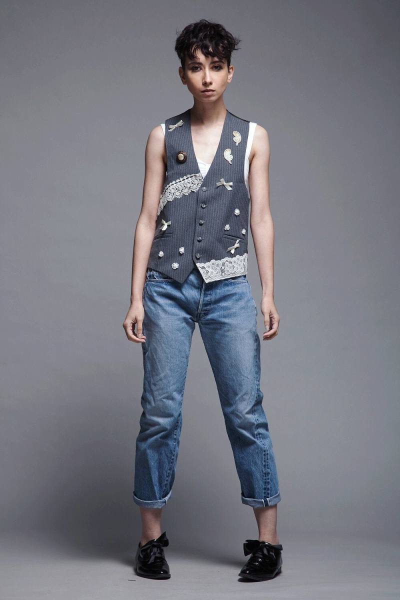 Verzierte Weste Grau Nadelstreifen Spitze Schleife Pailletten Vintage 90Er Jahre Kleine Medium S M von shoprabbithole