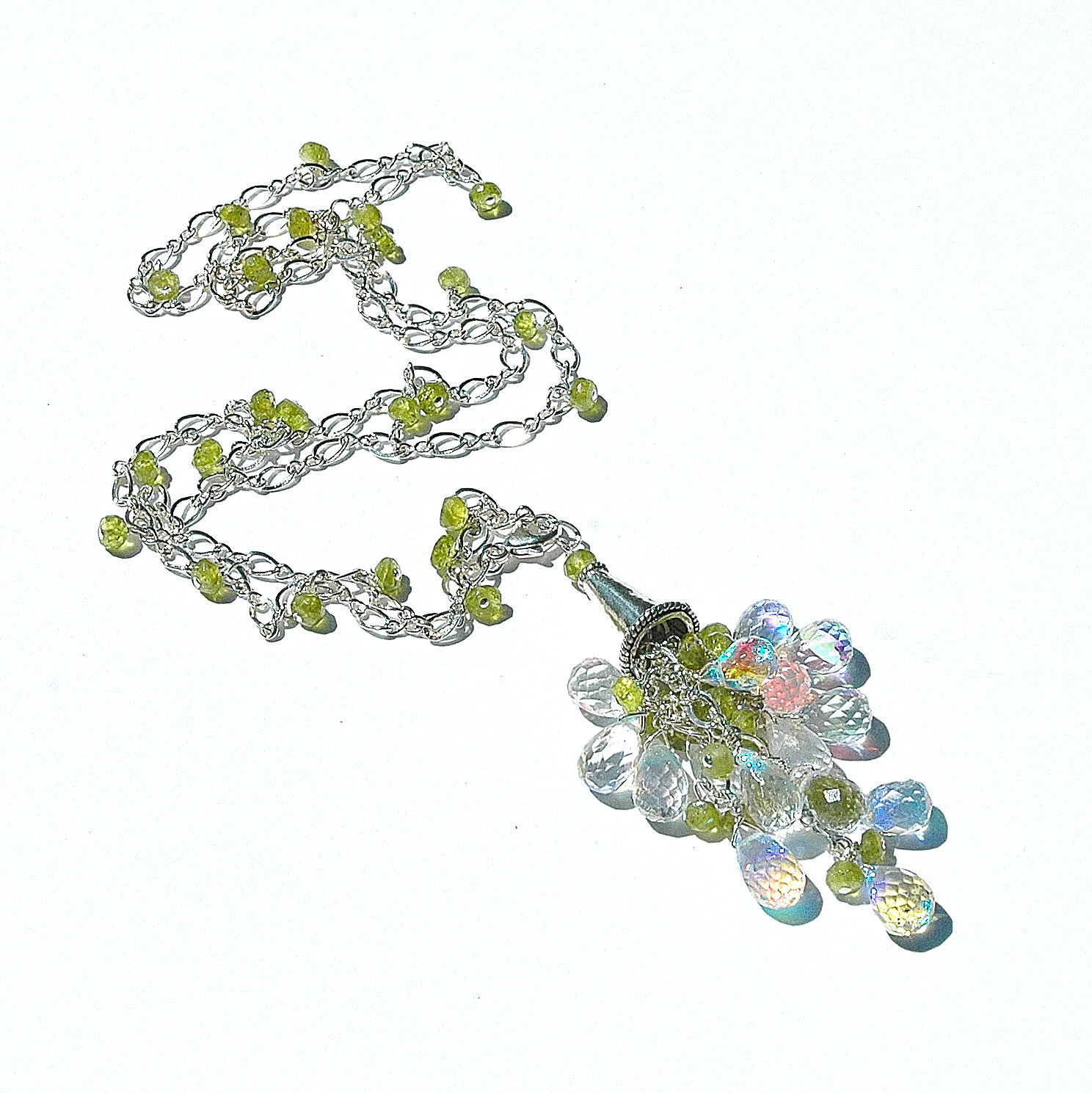 Regenbogen-Quarz & Vessuvianite Quaste Halskette/sterling Silber Verstellbar Anhänger Olive Green Edelstein Draht Gewickelt Ooak von shopshrew