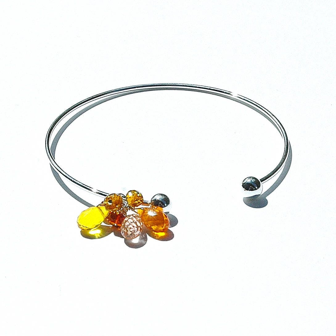sterling Silber "Citrus" Manschette Armreif/Quarz Charm Armband Gelb Orange Pfirsich Draht Gewickelt Verstellbar Geschenke Für Sie Ooak von shopshrew