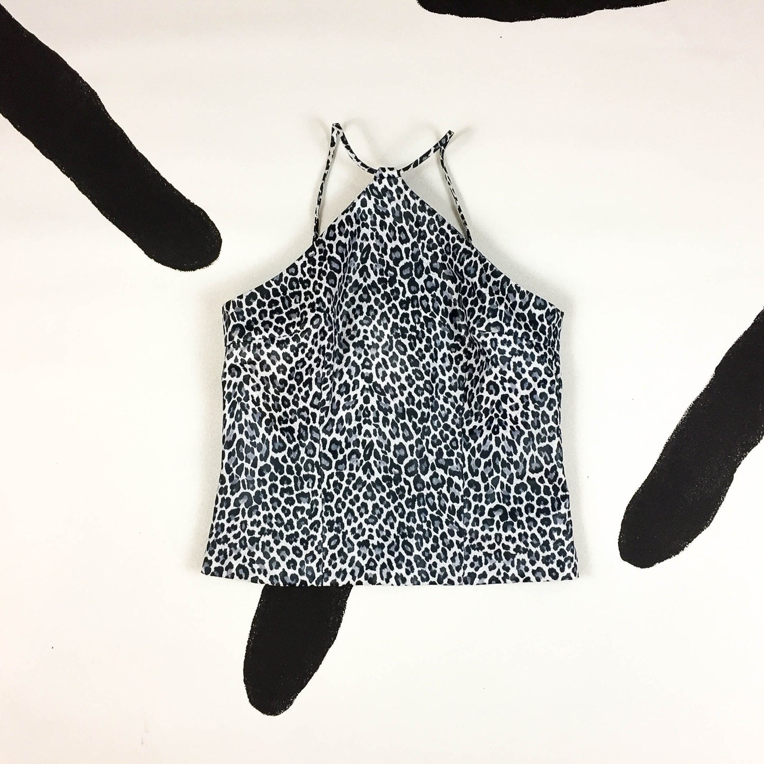 90Er Grau Gepard Print Triangel Ausschnitt Halfter Neck Strappy Tank Top/Y2K Xtina Animal Cyber Goth Club Kid Spice Girls L von shoptrashdotnet