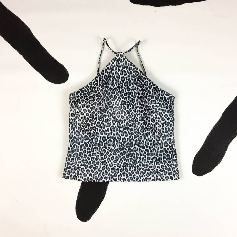 90Er Grau Gepard Print Triangel Ausschnitt Halfter Neck Strappy Tank Top/Y2K Xtina Animal Cyber Goth Club Kid Spice Girls L von shoptrashdotnet