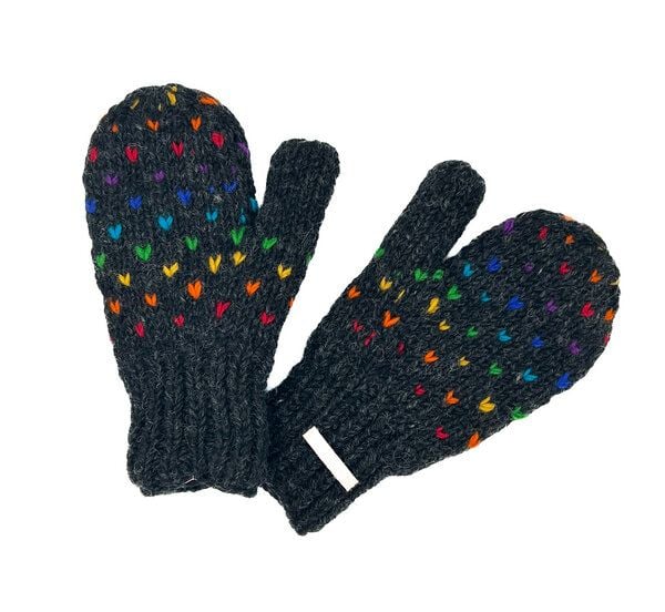 short'n'pietz Schurwollhandschuhe, handgestrickt anthrazit mit bunten Farbtupfern von short'n'pietz