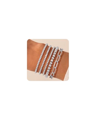 shownee Goldperlen-Armband für Damen, 14 Karat vergoldet, vergoldet, Stretch-Perlen-Armbänder, hypoallergen, stapelbares Armband-Set, wrist fit 7.3 inch, Versilbertes Messing, Versilbertes Messing von shownee
