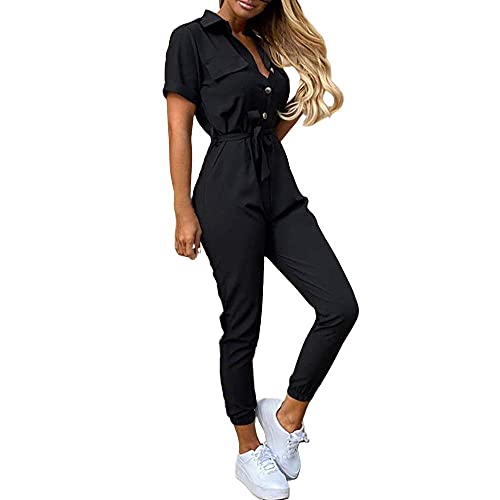 shownicer Jumpsuit Damen Elegant Langarm Playsuit V-Ausschnitt Casual Lose Overalls Lang Romper B Schwarz XS von shownicer