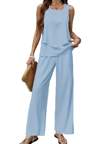shownicer 2 Teiler Hosenanzug Damen Elegant Ärmelloses Tank Top und Hose Zweiteiler Outfit Casual Leicht Freizeitanzug B Hellblau XS von shownicer