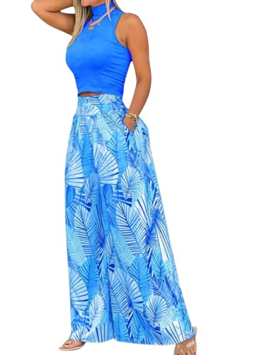 shownicer 2 Teiler Hosenanzug Damen Elegant Zweiteiler Outfit Ärmelloses Tank Top und Hose Freizeitanzug mit Taschen Sommer Loungewear Drucken Streetwear A Blau M von shownicer